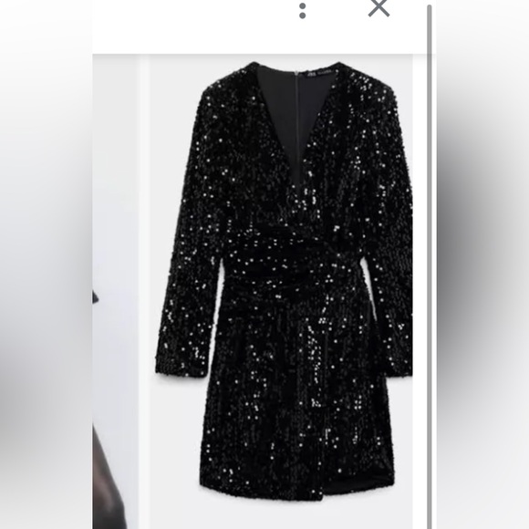 NWT Zara sequins black mini dress, long sleeves wrapped style with bow, size XS - Picture 6 of 7